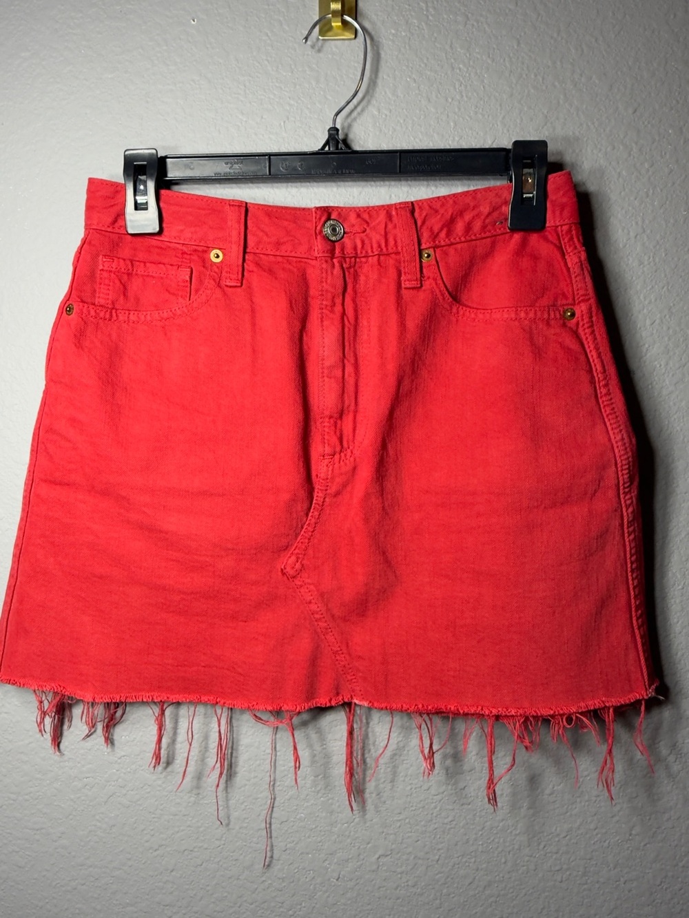 Abercrombie & Fitch Red Frayed Hem Denim Mini Skirt